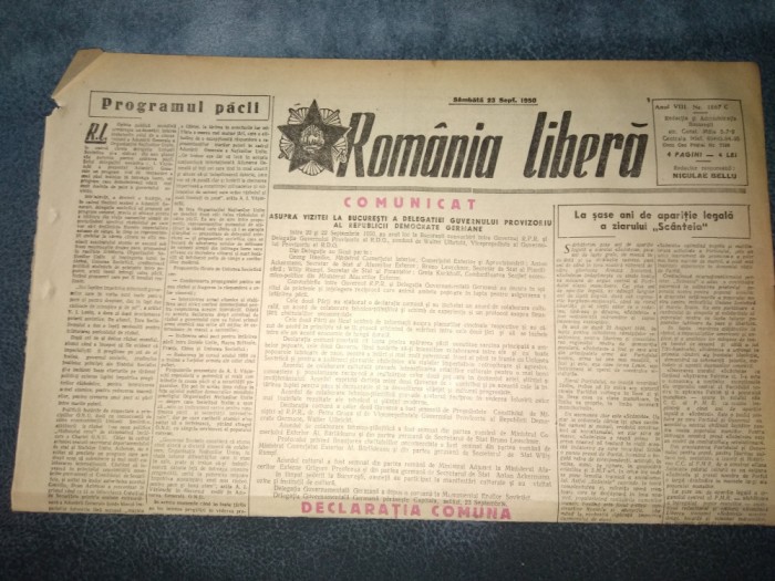ZIARUL ROMANIA LIBERA 23 SEPTEMBRIE 1950