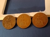 Lot 3 monede UK Anglia, One penny 1927 + 1928 + 1929 , stare FB [poze]. Discount conform descriere [10 - 20 %. Vezi descrierea.]., Europa