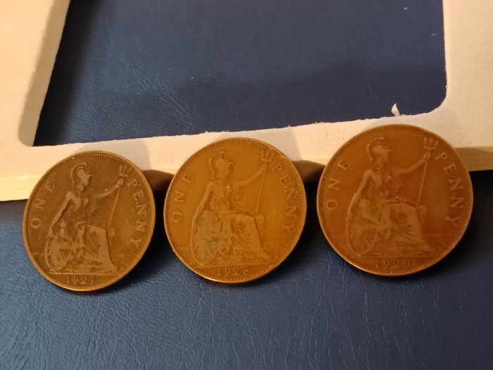 Lot 3 monede UK Anglia, One penny 1927 + 1928 + 1929 , stare FB [poze]