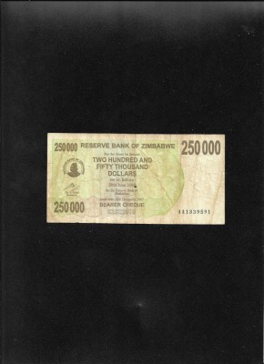 Rar! Zimbabwe 250000 250 000 dolari dollars 2007 seria1339591 foto