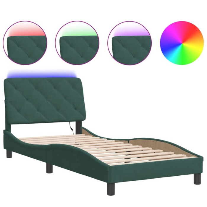 Cadru de pat cu LED fara saltea, verde inchis, 80x200 cm, catifea