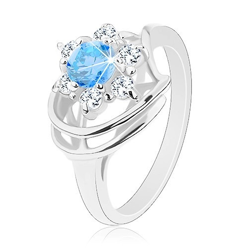 Inel strălucitor, floare din zirconiu albastru şi zirconii transparente, arcade lucioase - Marime inel: 50