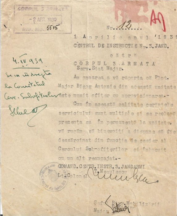 A3637N Semnătura olografă a generalului Teodor Meculescu din Jandarmerie, 1939, Centrul de Instrucție Nr 3 Jandarmi