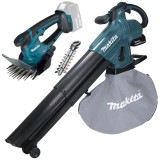 Makita DUB187T001 + DUM604ZX - Suflanta de gradina cu 1 acumulator Li-Ion 18 V 5 Ah 252 m3/h + Masina de tuns gard viu 20 cm accesorii