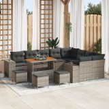 Set canapea grădină vidaXL cu perne Gri din Ratan Poli Acacia, Set de dining grădină vidaXL cu perne Gri din Ratan Poli Acacia