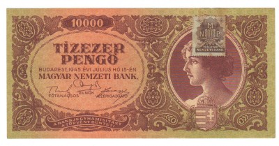 SV * Ungaria 10000 PENGHEI / TIZEZER PENGO 1945 * varianta cu timbru * XF + foto