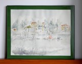 Pe lac - acuarela originala, tablou cu passepartout inramat 50 x 40,5 cm