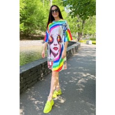 ROCHIE MIDI OVERSIZE CU MANECA SCURTA ART FACE COLOR TALIE UNICA Multicolora