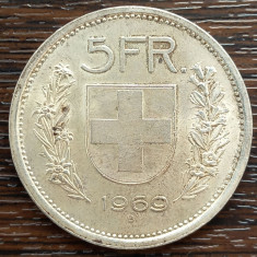 (A26) MONEDA DIN ARGINT ELVETIA - 5 FRANCS 1969, LUCIU DE BATERE