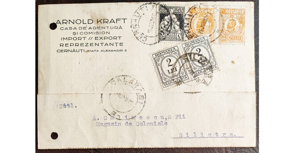ROMANIA 1926 - Imprimat (Carte Postala) cu antet ARNOLD KRAFT CERNAUTI ...