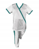 Costum Medical Pe Stil, alb cu Elastan cu Garnitură turcoaz inchis si pantaloni cu dungă turcoaz inchis, Model Marinela - XS, XS