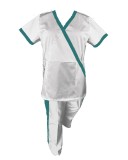 Costum Medical Pe Stil, alb cu Elastan cu Garnitură turcoaz inchis si pantaloni cu dungă turcoaz inchis, Model Marinela - 4XL, XS