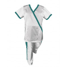 Costum Medical Pe Stil, alb cu Elastan cu Garnitură turcoaz inchis si pantaloni cu dungă turcoaz inchis, Model Marinela - XL, L