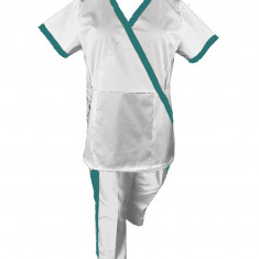 Costum Medical Pe Stil, alb cu Elastan cu Garnitură turcoaz inchis si pantaloni cu dungă turcoaz inchis, Model Marinela - XS, XS