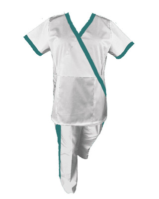Costum Medical Pe Stil, alb cu Elastan cu Garnitură turcoaz inchis si pantaloni cu dungă turcoaz inchis, Model Marinela - S, M foto