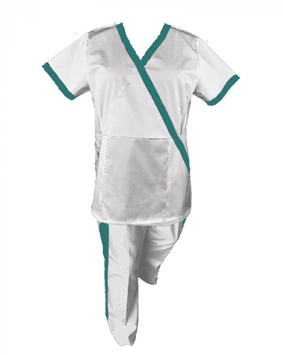 Costum Medical Pe Stil, alb cu Elastan cu Garnitură turcoaz inchis si pantaloni cu dungă turcoaz inchis, Model Marinela - 3XL, S