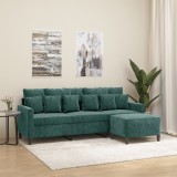 vidaXL Canapea cu 3 locuri și taburet, verde &icirc;nchis, 180 cm, catifea