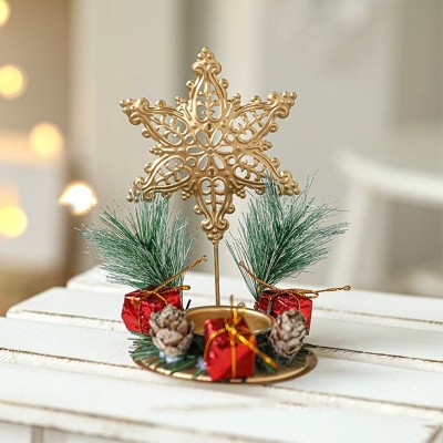 Suport Decorativ pentru Lumanare de Craciun, Flippy, Ornament pentru Lumanare pe Masa, Model Fulg de Nea si Crengute de Brad, din Art Metal, fara Luma foto