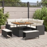 Set de Canapea de Grădină vidaXL 8 Piese cu Perne Negru Ratan Poliacacia, Set de Masă de Grădină vidaXL 3 Piese cu Perne Negru Ratan Poliacacia