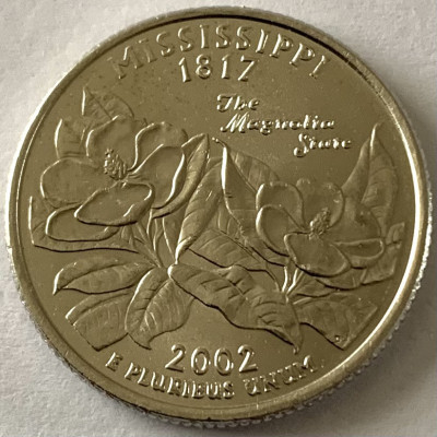 AMERICA QUARTER 1/4 DOLLAR 2002 LITERA P.(Statul Magnolia-MISSISSIPPI)PL.PLATINA foto