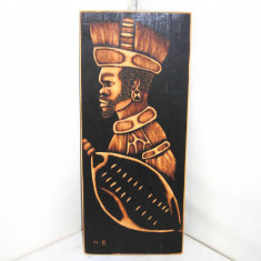 African Art: Tablou sculptura lemn 100% handmade - razboinic Zulu 2- semnat M.B.