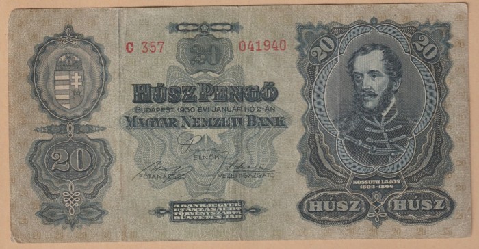 (1) BANCNOTA UNGARIA - 20 PENGO 1930 (2 IANUARIE 1930), PORTRET LAJOS KOSSUTH