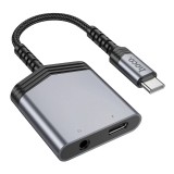 Cumpara ieftin Adaptor Hoco AUX 2-in-1 Type-C la Type-C + Jack 3.5mm, 27W, LS39, Metal Gray