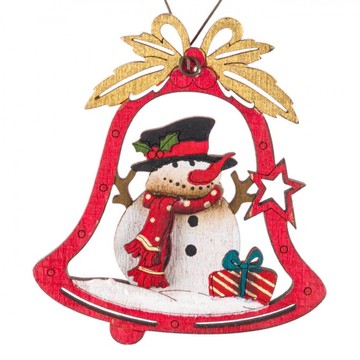 Ornament Brad Crăciun, Vintage, Clopot Lemn Om de Zăpadă, 8x7 cm, Multicolor