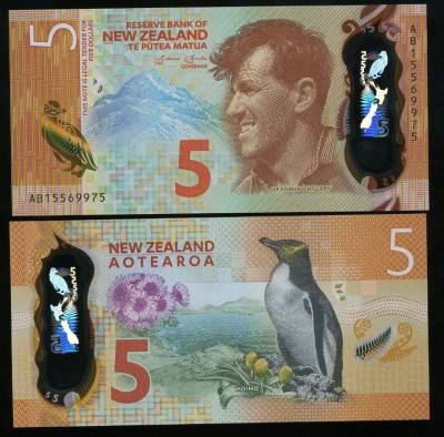 New Zealand 2015 - 5 dollars Edmund Hillary, UNC foto