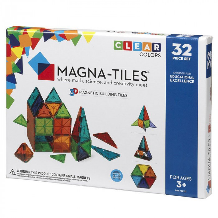 Magna-Tiles Clear Colors, set magnetic 32 piese, 7Toys