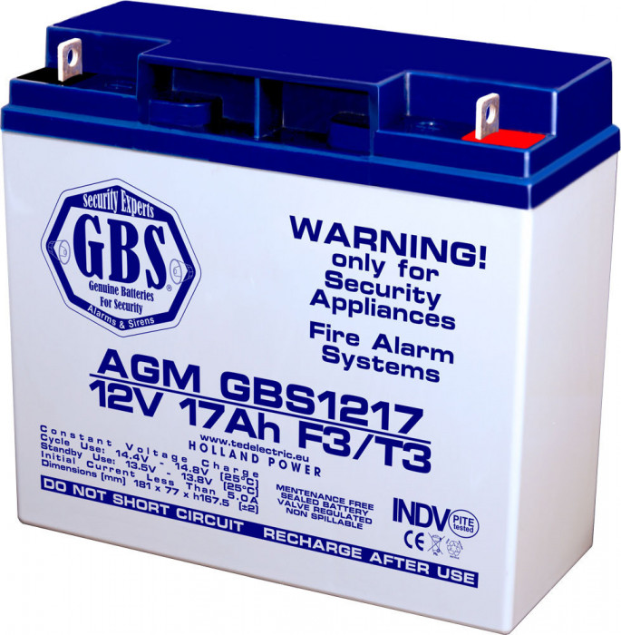 Acumulator AGM VRLA 12V 17Ah plumb acid 181x76x167mm T3 terminal GBS1217T3 TED002679