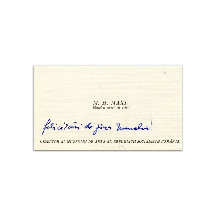 Max Hermann Maxy, carte de vizită cu dedicație olografă