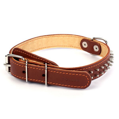 Zgardă din piele COLLAR cu spini, piept dublu 38 - 50cm, maro foto