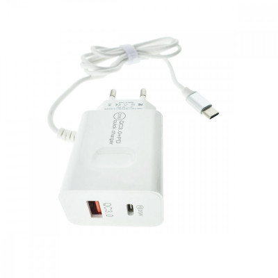 Set incarcator retea cu cablu USB Tip C, QC 3.0, PD, 20W, cu port USB si USB de tip C, P07-W, alb foto