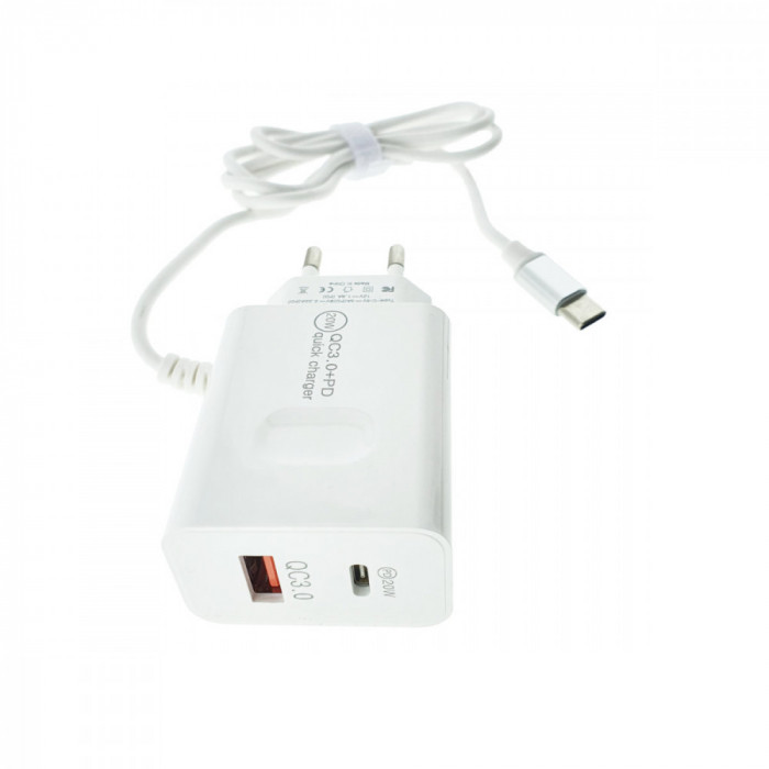 Set incarcator retea cu cablu USB Tip C, QC 3.0, PD, 20W, cu port USB si USB de tip C, P07-W, alb