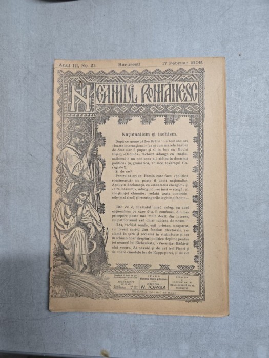 Neamul Rom&acirc;nesc nr. 21/17.02.1908 - Director N. Iorga