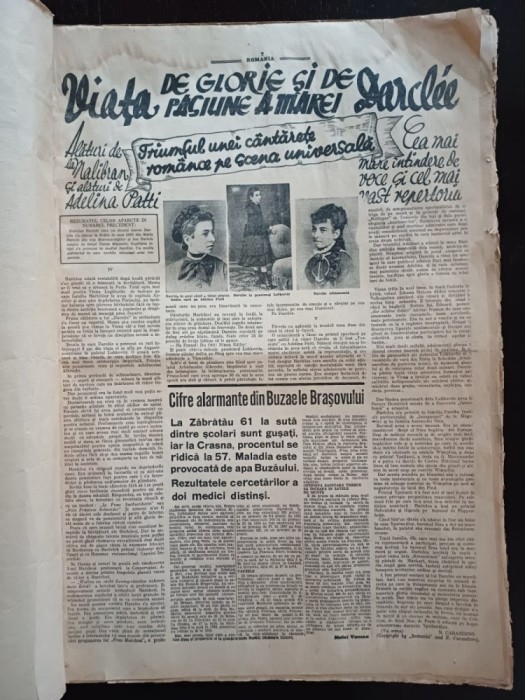 NI569 Viața de glorie și de pasiune a marei Darcl&eacute;e, articol-fluviu de Nicolae Carandino, apărut &icirc;n ziarul Rom&acirc;nia, anii 1930