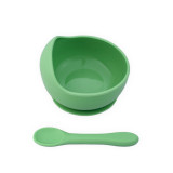 Set castron, farfurie cu ventuza, lingurita si capac verde pal, Oaki