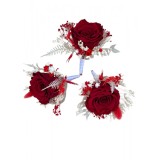 Set 3 Flori de piept personalizabile, Cocarde, Trandafiri criogenati mari rosii si Plante naturale uscate