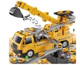 Cumpara ieftin Camion constructii 5, in, 1 cu vehicule demontabile , transportor + 4 masini (buldozer, excavator, mixer, macara), roti sunete