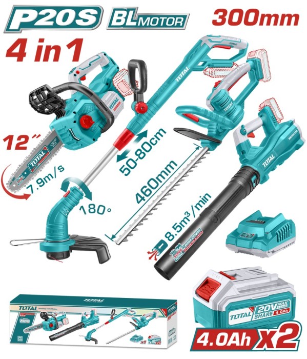 TOTAL - KIT COMBO 20V -4.0Ah - DRUJBA. TRIMMER PENTRU GARD VIU, SUFLANTA, TRIMMER DE TUNS IARBA (INC PowerTool TopQuality