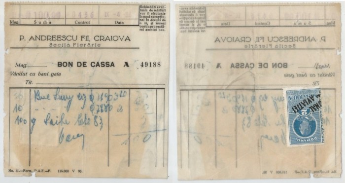 Romania, P. Andreescu Fii, Bon pentru ambalaj, Craiova, 1938