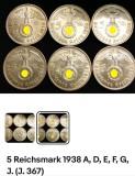 V&acirc;nd set de 6 monede istorice de colecție, Germania, anul 1938, valoare nominală 5 Reichsmark.