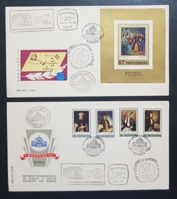 ROMANIA 1973 FDC SOCEFILEX III SERIE + COLITA 2 PLIC PRIMA ZI LP 826 827 foto