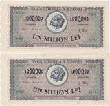 Lot 2 bancnote Rom&acirc;nia 1.000.000 lei 1947 &ndash; seria F.1139, numere consecutive 0210 și 0211