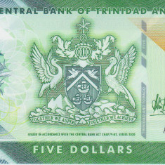 Bancnota Trinidad & Tobago 5 Dolari 2020 - PNew UNC ( polimer )