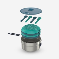 Set de gătit 100 pentru camping, din oțel inoxidabil, 4 persoane, 18 piese.