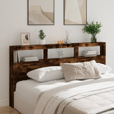 Gossi tablie de pat cu dulap si led, stejar fumuriu, 200x17x102 cm foto