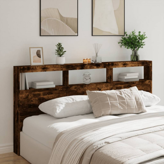 Tablie de pat cu dulap si LED, stejar fumuriu, 200x17x102 cm GartenMobel Dekor