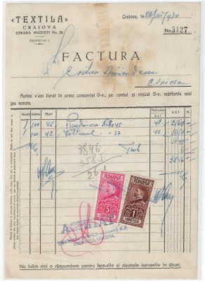 Romania, Textila, Factura (II), Craiova, 1930 foto